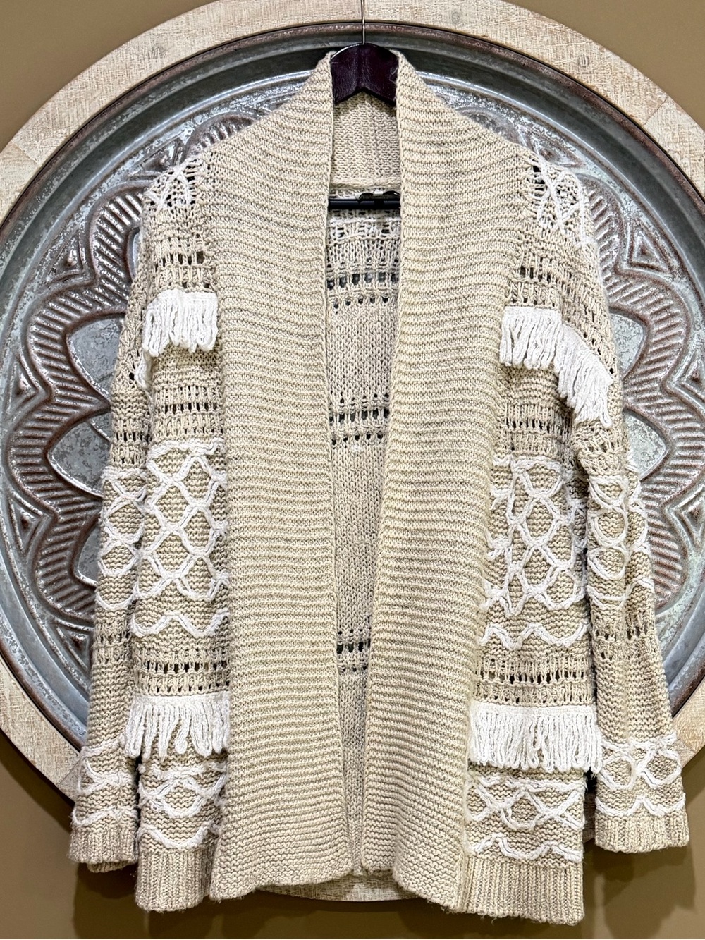 Lucky Brand Cream Fringe Open-Front Knit Western Cowgirl Style Cardigan